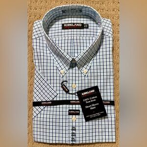NWT Kirkland Signature short sleeve Men's Blue & White Plaid Shirt, Sz XXL